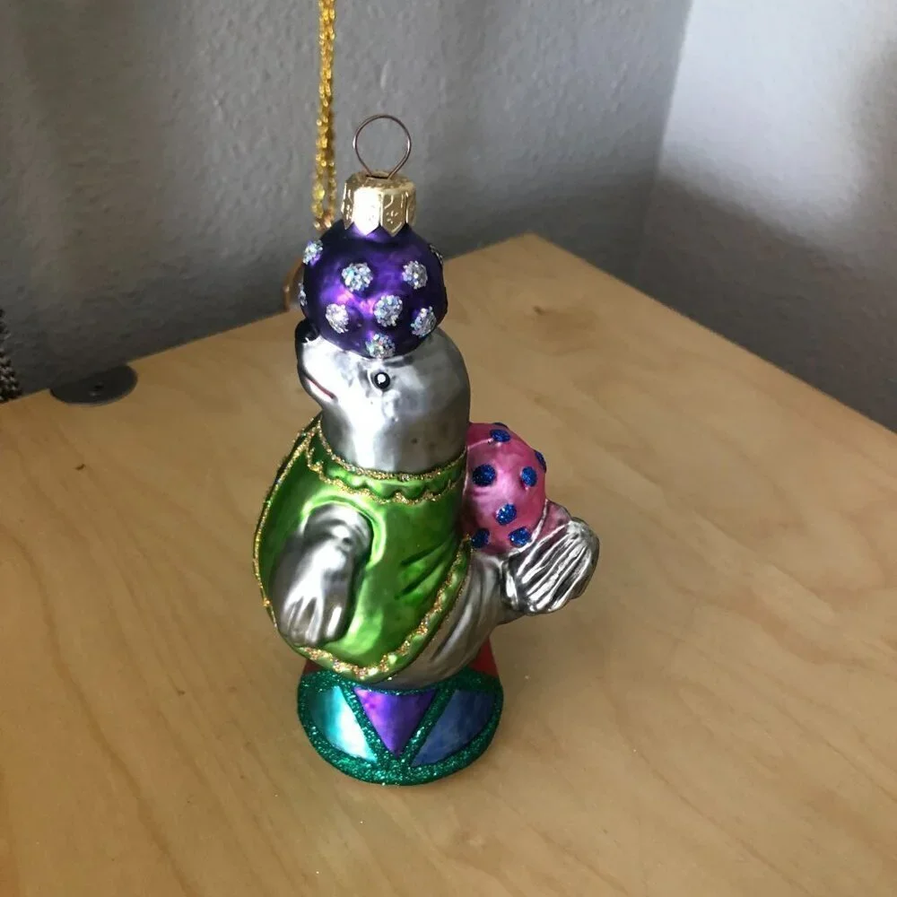 Vintage Circus Seal Hand Blown Glass Christmas Ornament Drum with Ball Poland 6